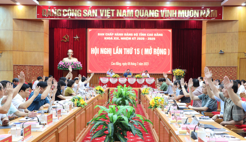 Các đại biểu biểu quyết thông qua nghị quyết của Ban Chấp hành Đảng bộ tỉnh về nhiệm vụ trọng tâm 6 tháng cuối năm 2023.